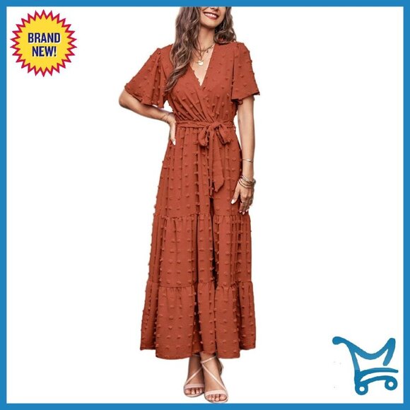 Dresses & Skirts - Swiss Dot Maxi Dress Wrap V Neck Flutter Sleeve Boho Wedding Guest